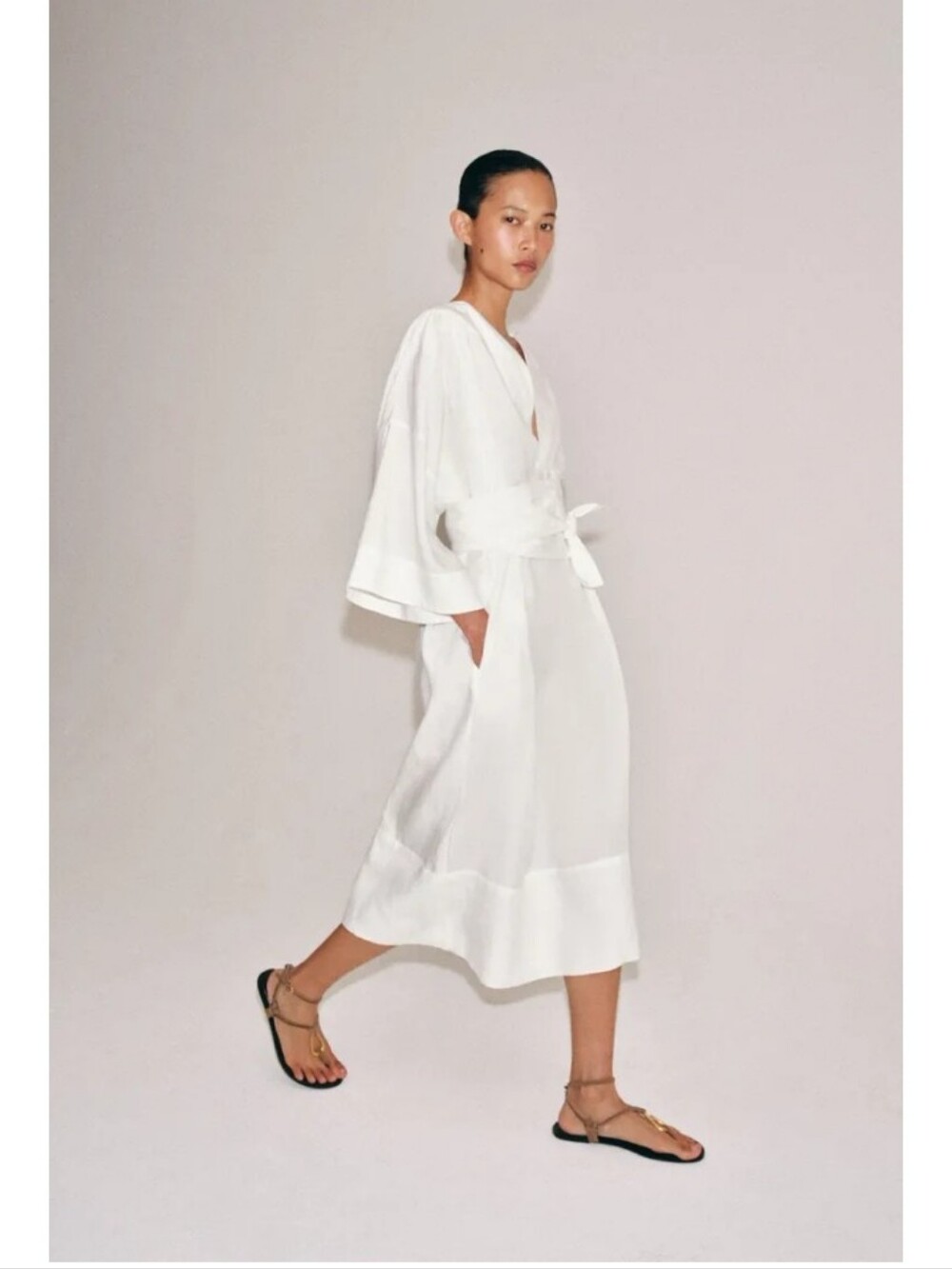 Zara Zw Colection Linen Blend Coastal Tunic Midi Dress with Long Tie Belt - Picture 8 of 16
